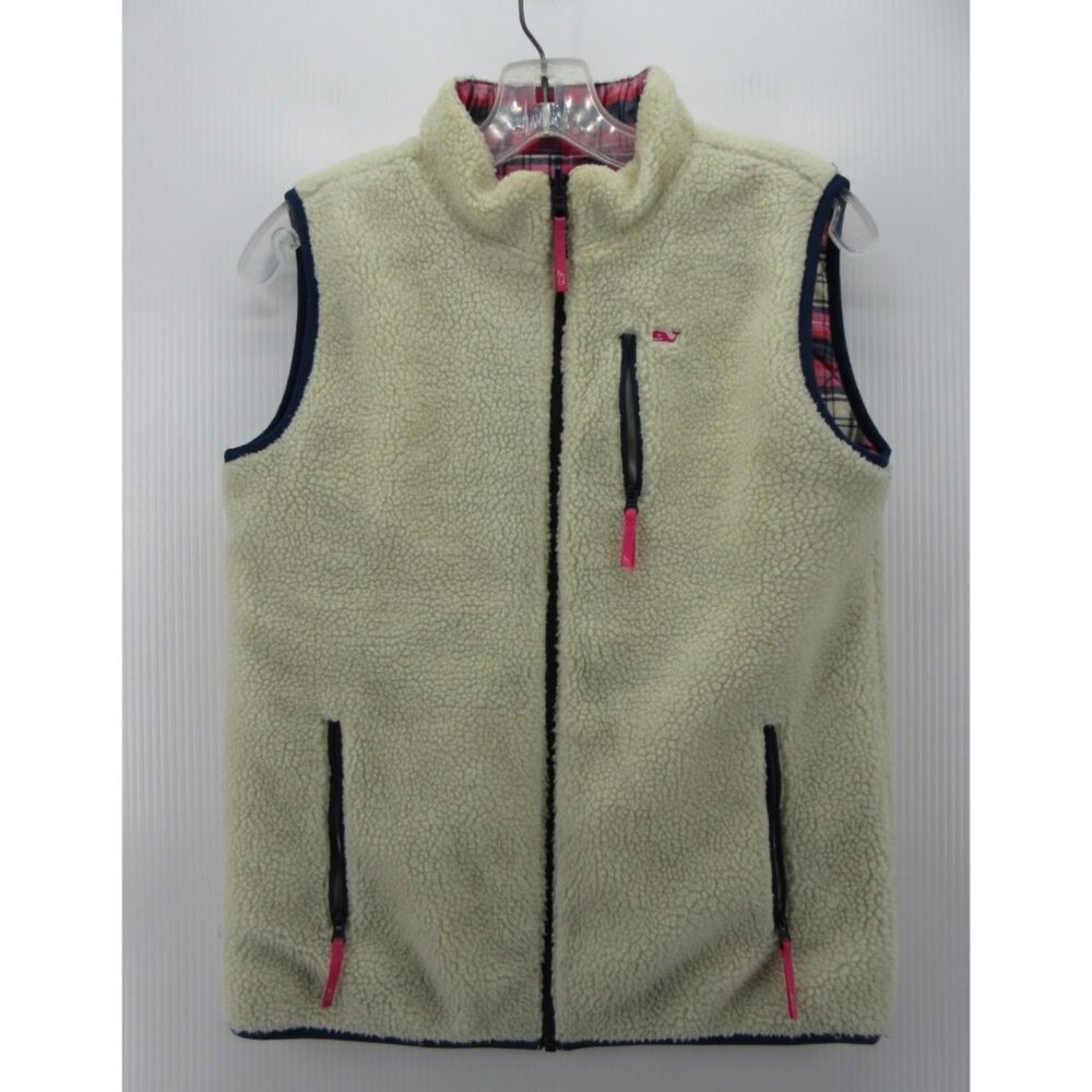 Vineyard Vines Vest Girls XL White Reversible Sherpa Coat Quilted Plaid